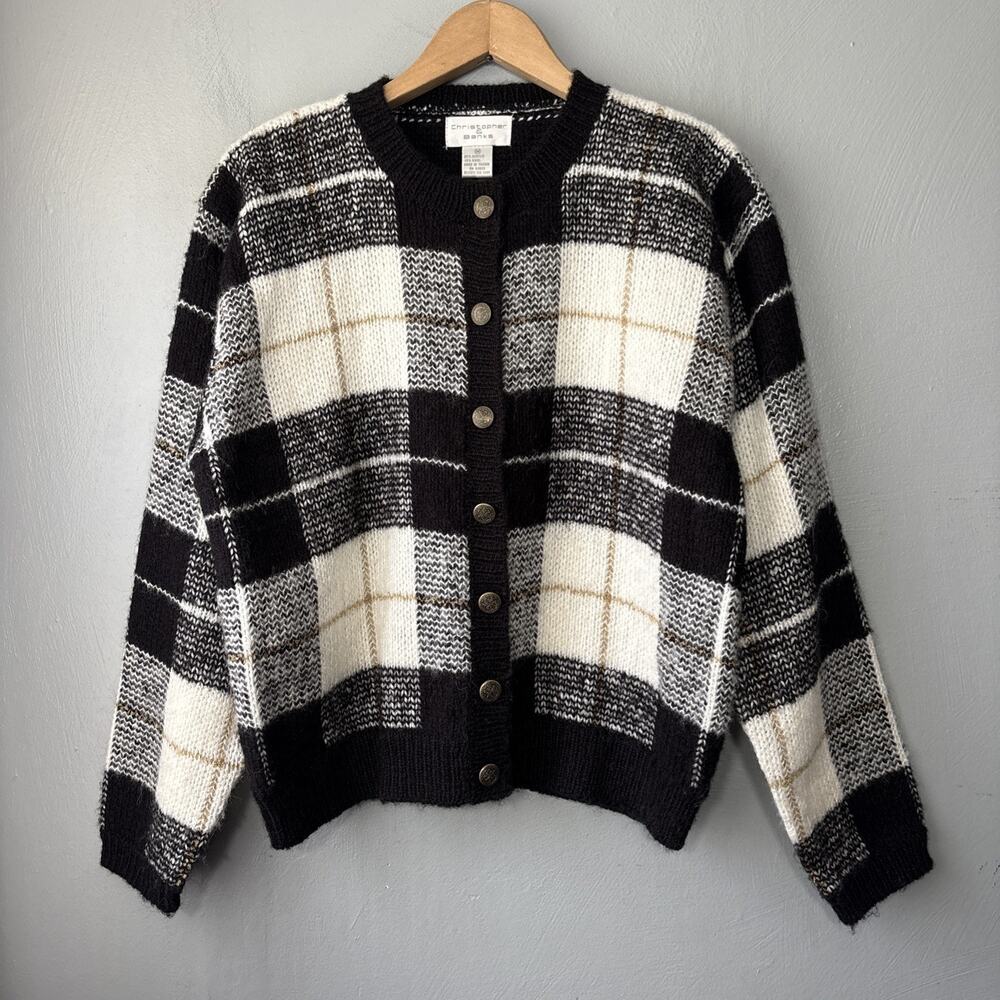 Vintage Boxy Plaid Sweater Size Medium Wool Cardigan Preppy Old Money Academia